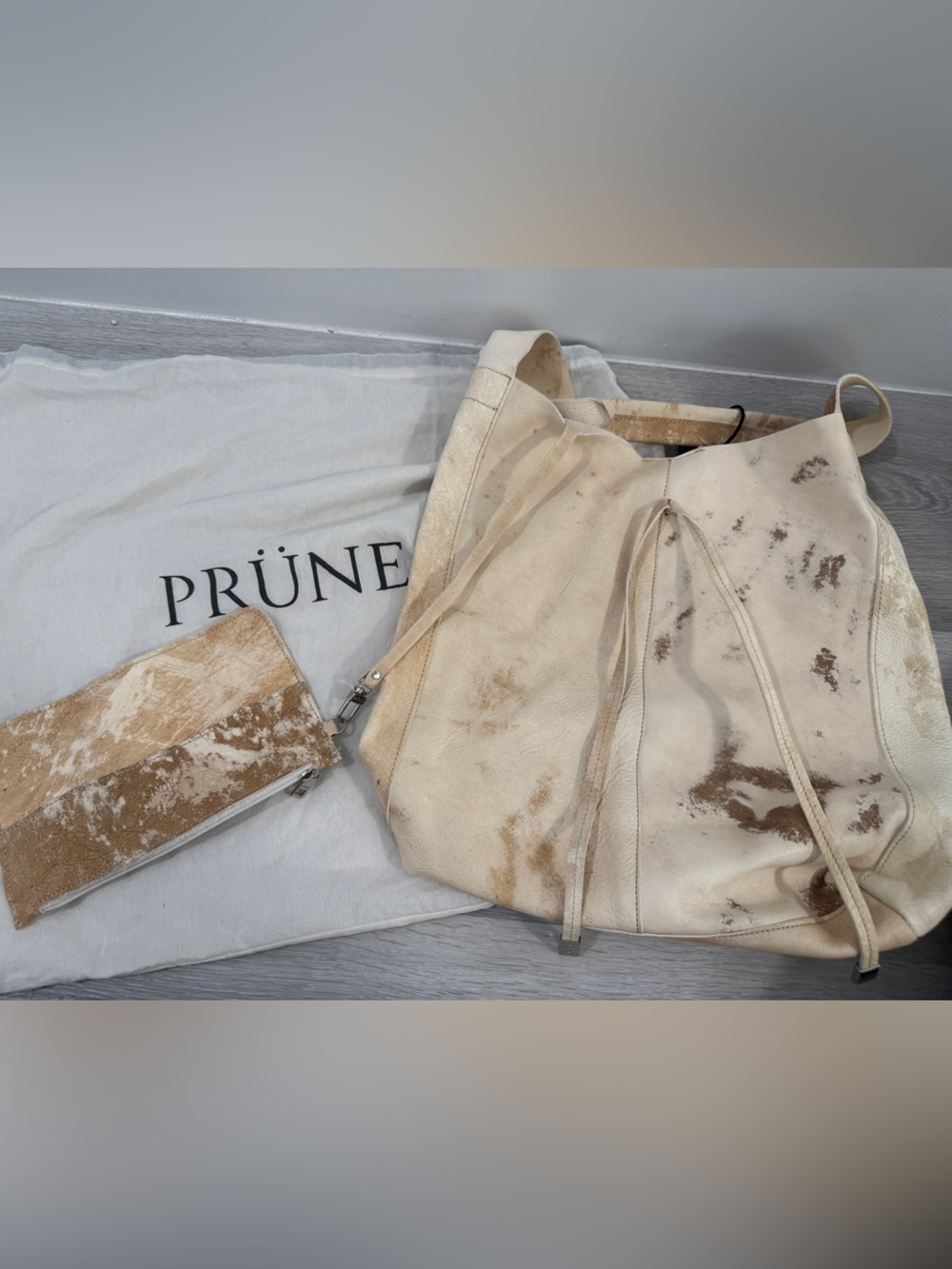 PRÜNE Argentina Cream Tan Brown Leather Bucket Shoulder Bag Tote & Wristlet NWT